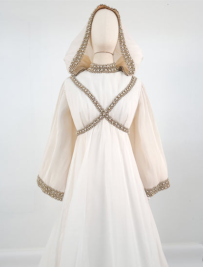 1960s Unique Hooded Chiffon Wedding Gown Adorned with Pearls and Rhinestone / Waist 30