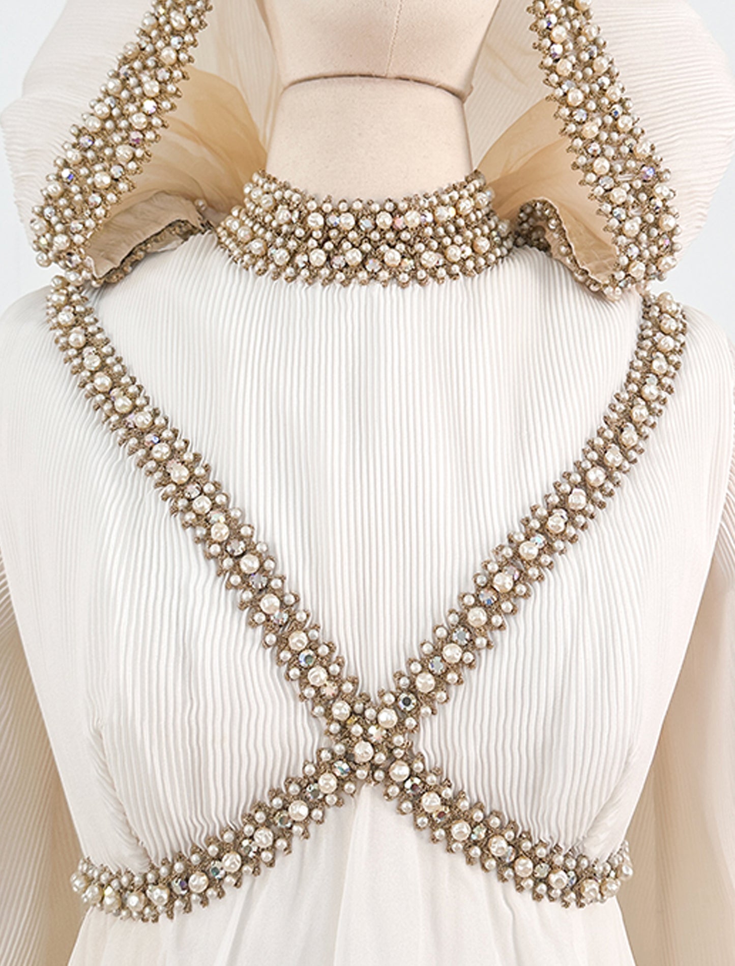 1960s Unique Hooded Chiffon Wedding Gown Adorned with Pearls and Rhinestone / Waist 30