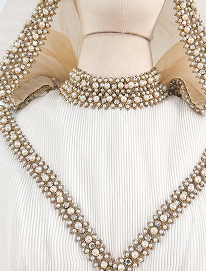 1960s Unique Hooded Chiffon Wedding Gown Adorned with Pearls and Rhinestone / Waist 30