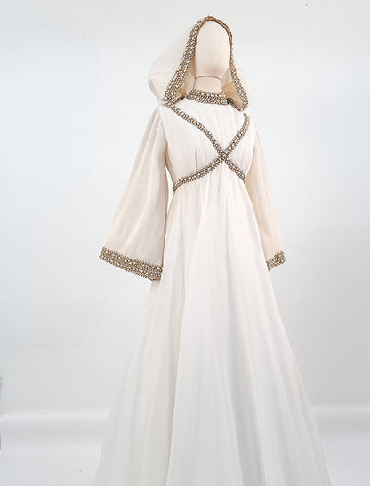 1960s Unique Hooded Chiffon Wedding Gown Adorned with Pearls and Rhinestone / Waist 30