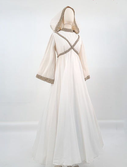 1960s Unique Hooded Chiffon Wedding Gown Adorned with Pearls and Rhinestone / Waist 30