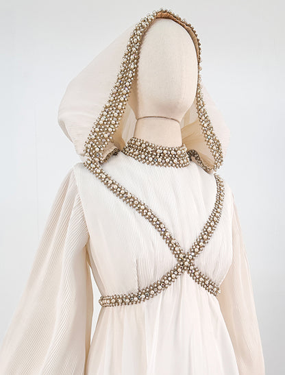 1960s Unique Hooded Chiffon Wedding Gown Adorned with Pearls and Rhinestone / Waist 30
