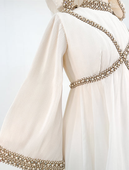 1960s Unique Hooded Chiffon Wedding Gown Adorned with Pearls and Rhinestone / Waist 30