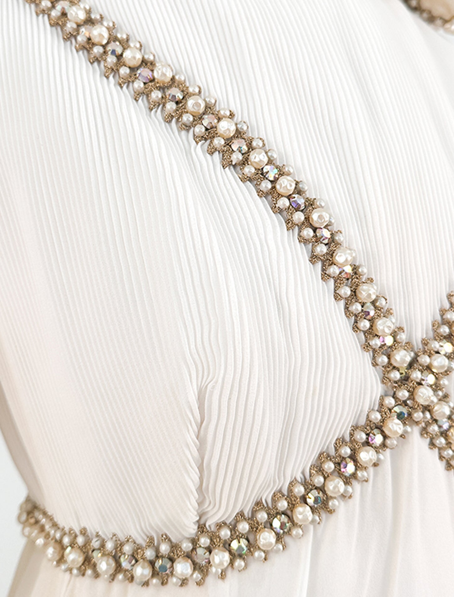 1960s Unique Hooded Chiffon Wedding Gown Adorned with Pearls and Rhinestone / Waist 30