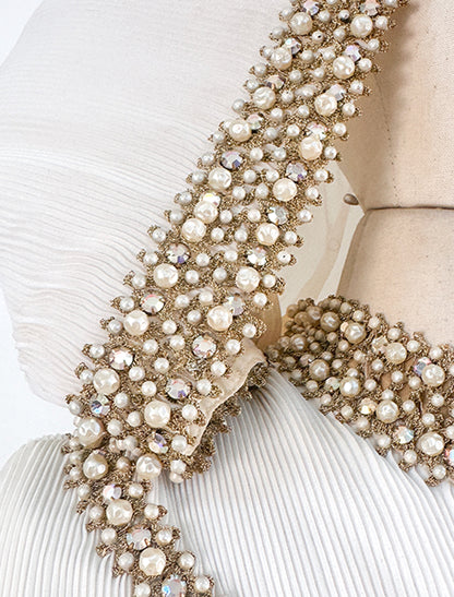 1960s Unique Hooded Chiffon Wedding Gown Adorned with Pearls and Rhinestone / Waist 30