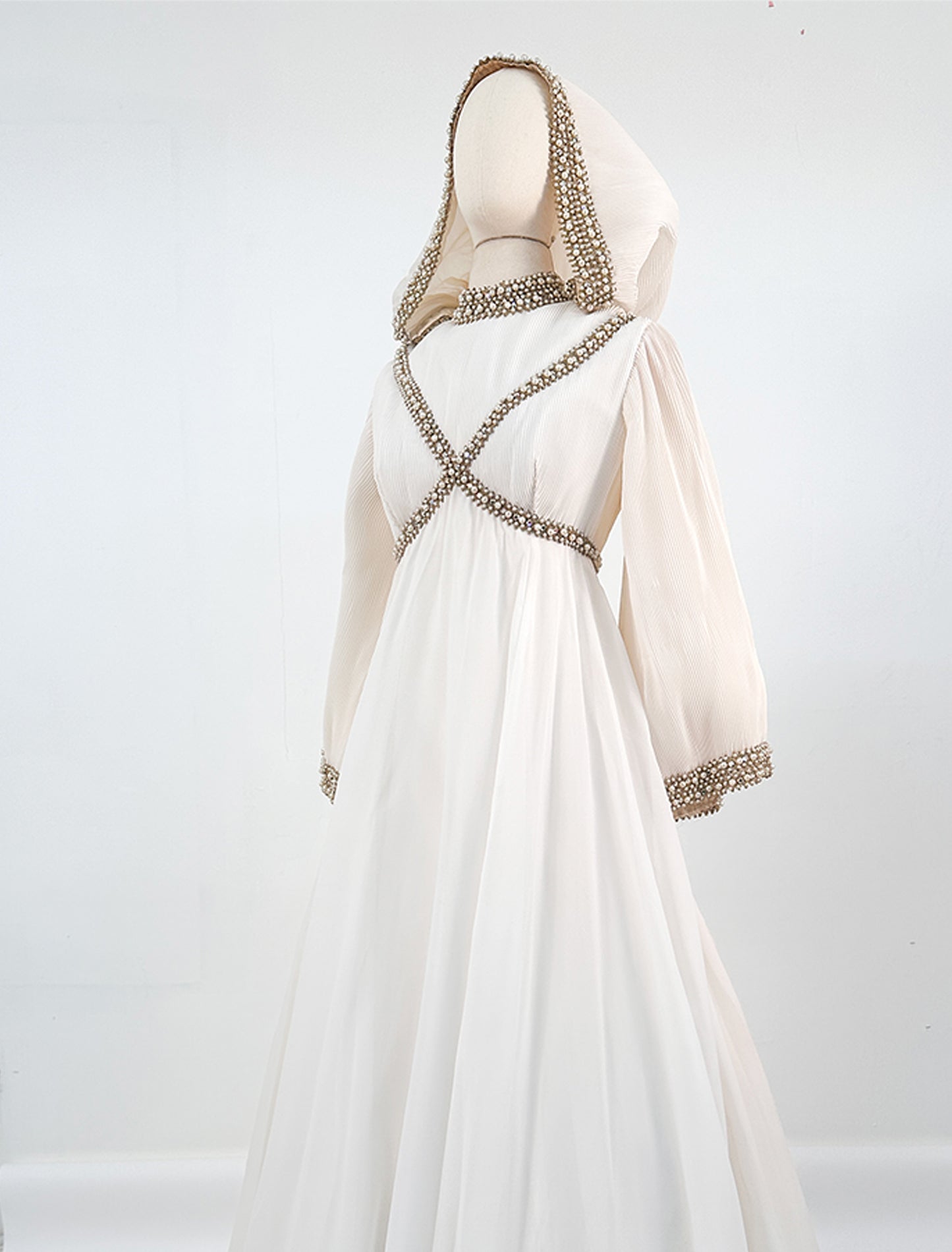 1960s Unique Hooded Chiffon Wedding Gown Adorned with Pearls and Rhinestone / Waist 30