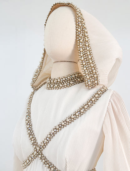 1960s Unique Hooded Chiffon Wedding Gown Adorned with Pearls and Rhinestone / Waist 30
