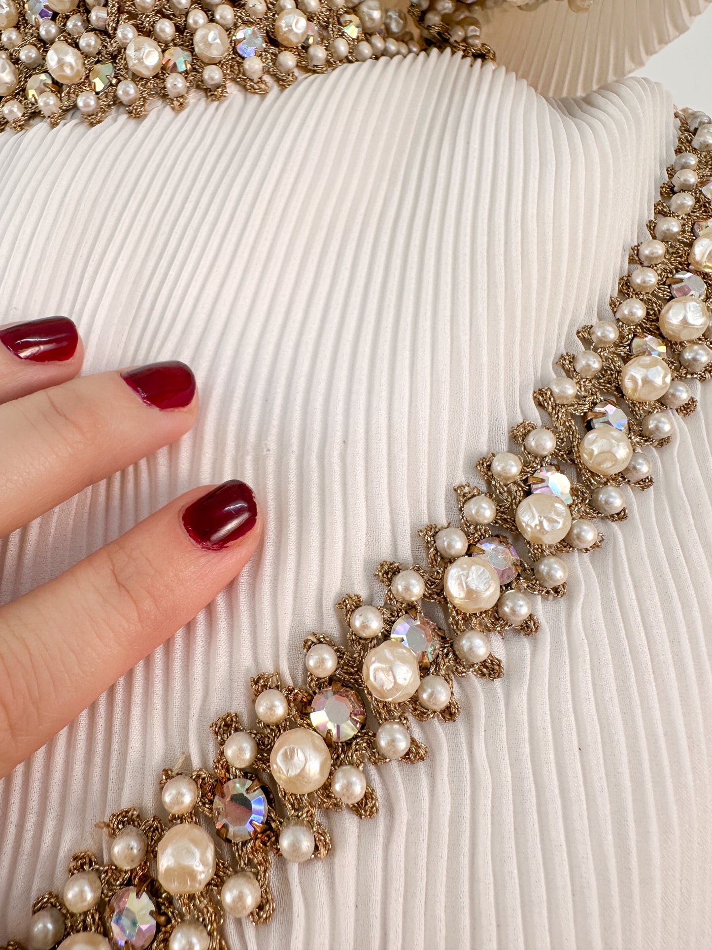 1960s Unique Hooded Chiffon Wedding Gown Adorned with Pearls and Rhinestone / Waist 30