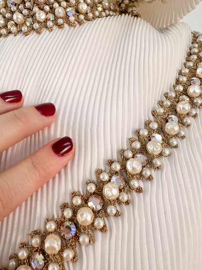 1960s Unique Hooded Chiffon Wedding Gown Adorned with Pearls and Rhinestone / Waist 30