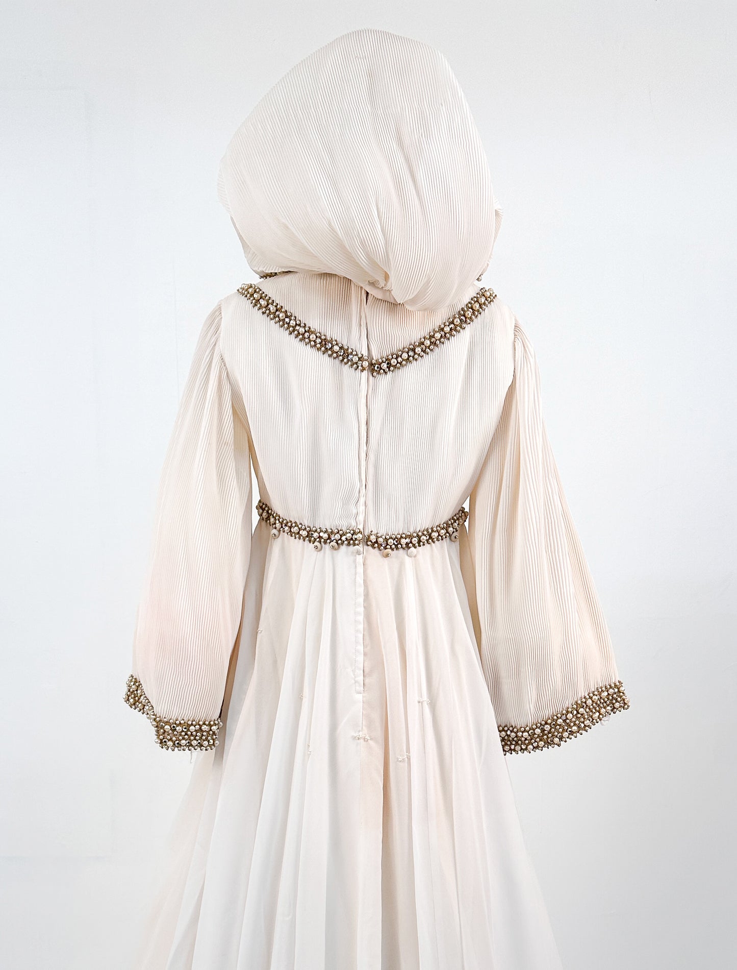 1960s Unique Hooded Chiffon Wedding Gown Adorned with Pearls and Rhinestone / Waist 30