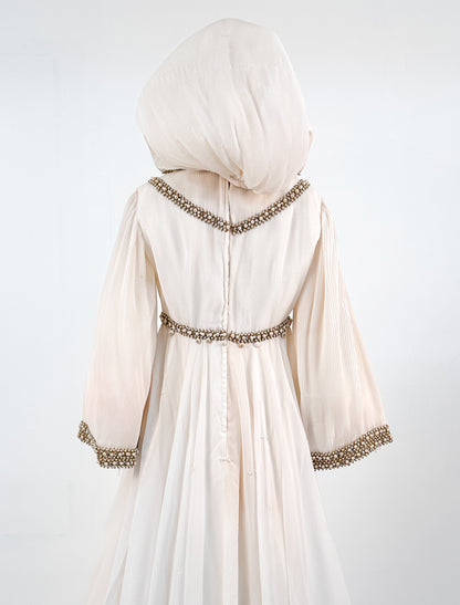 1960s Unique Hooded Chiffon Wedding Gown Adorned with Pearls and Rhinestone / Waist 30