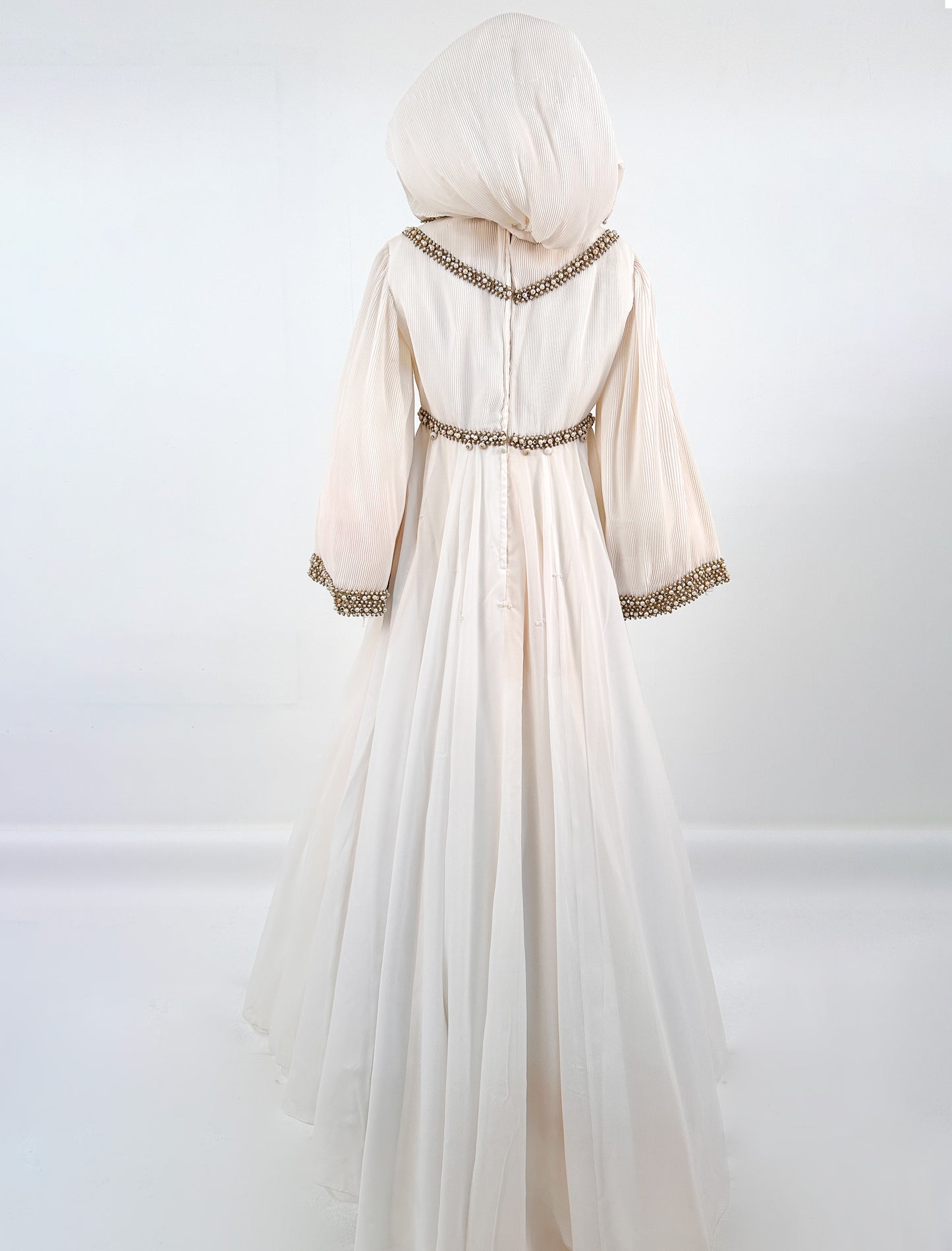 1960s Unique Hooded Chiffon Wedding Gown Adorned with Pearls and Rhinestone / Waist 30