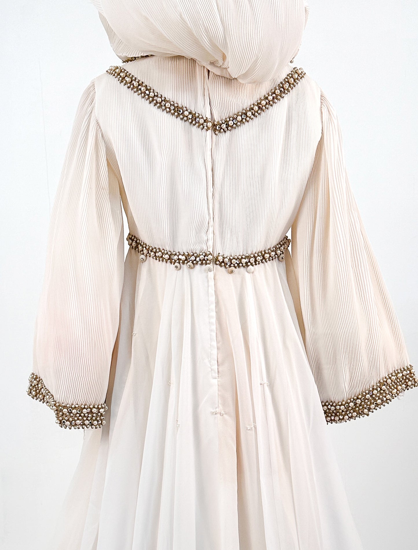 1960s Unique Hooded Chiffon Wedding Gown Adorned with Pearls and Rhinestone / Waist 30