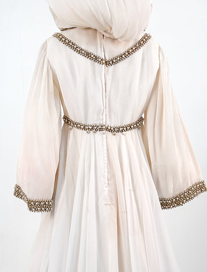 1960s Unique Hooded Chiffon Wedding Gown Adorned with Pearls and Rhinestone / Waist 30
