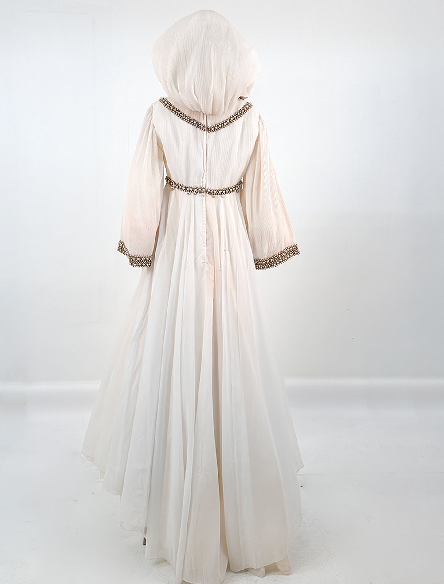 1960s Unique Hooded Chiffon Wedding Gown Adorned with Pearls and Rhinestone / Waist 30