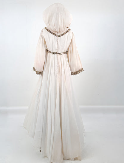 1960s Unique Hooded Chiffon Wedding Gown Adorned with Pearls and Rhinestone / Waist 30