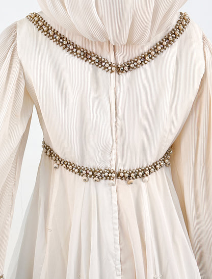 1960s Unique Hooded Chiffon Wedding Gown Adorned with Pearls and Rhinestone / Waist 30