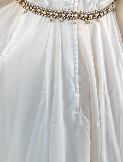 1960s Unique Hooded Chiffon Wedding Gown Adorned with Pearls and Rhinestone / Waist 30