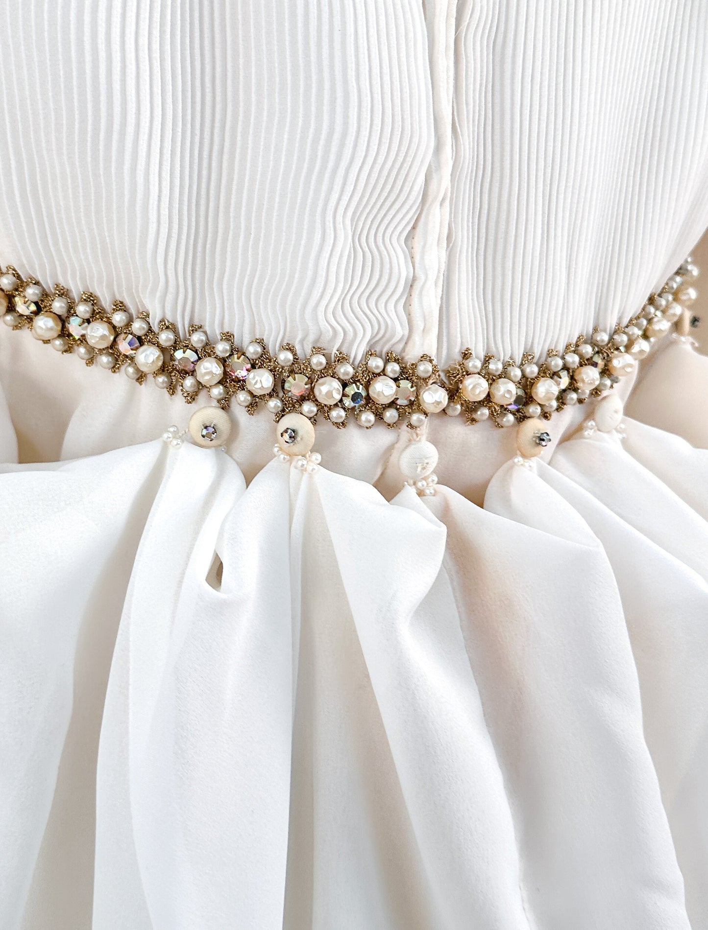 1960s Unique Hooded Chiffon Wedding Gown Adorned with Pearls and Rhinestone / Waist 30