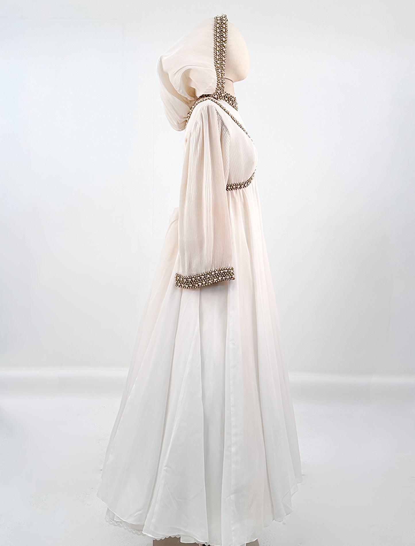 1960s Unique Hooded Chiffon Wedding Gown Adorned with Pearls and Rhinestone / Waist 30