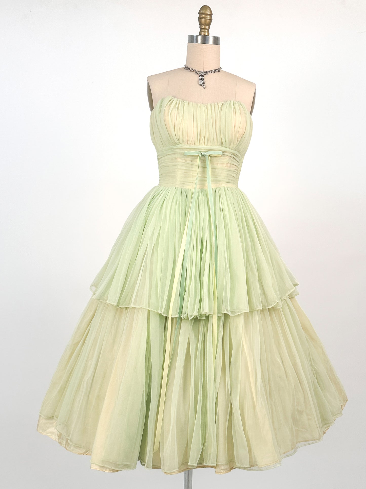1950s Lemon and Lime Gauzy Chiffon Party Dress / Waist 24