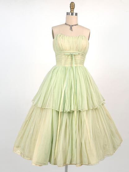 1950s Lemon and Lime Gauzy Chiffon Party Dress / Waist 24