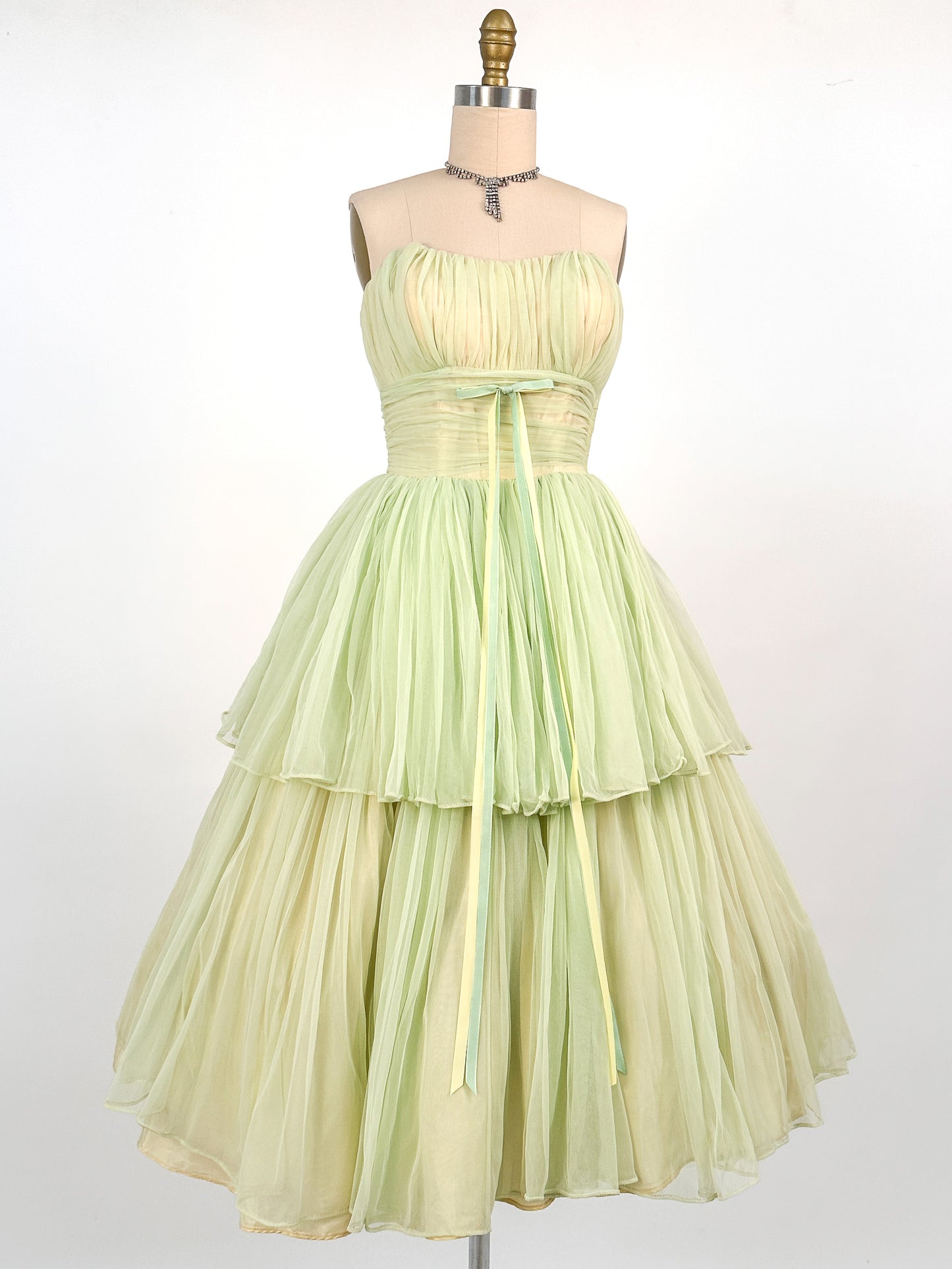 1950s Lemon and Lime Gauzy Chiffon Party Dress / Waist 24