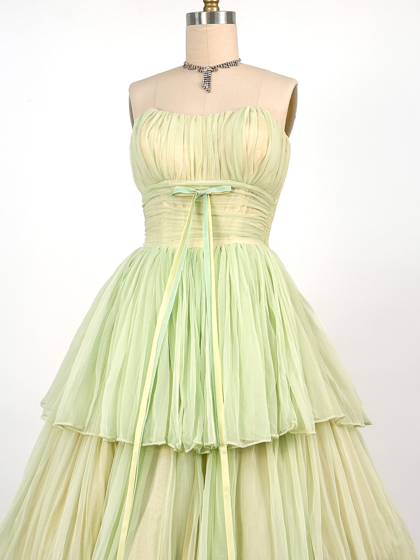 1950s Lemon and Lime Gauzy Chiffon Party Dress / Waist 24