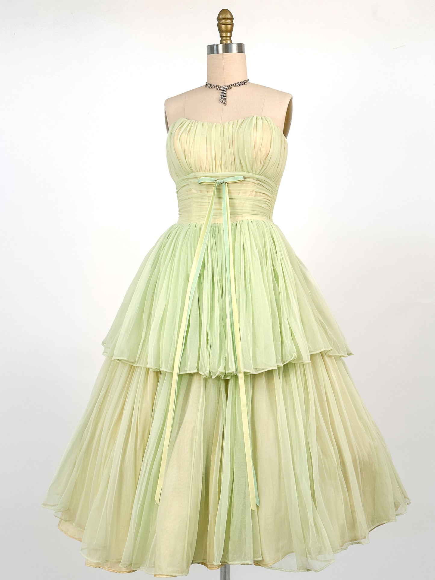 1950s Lemon and Lime Gauzy Chiffon Party Dress / Waist 24