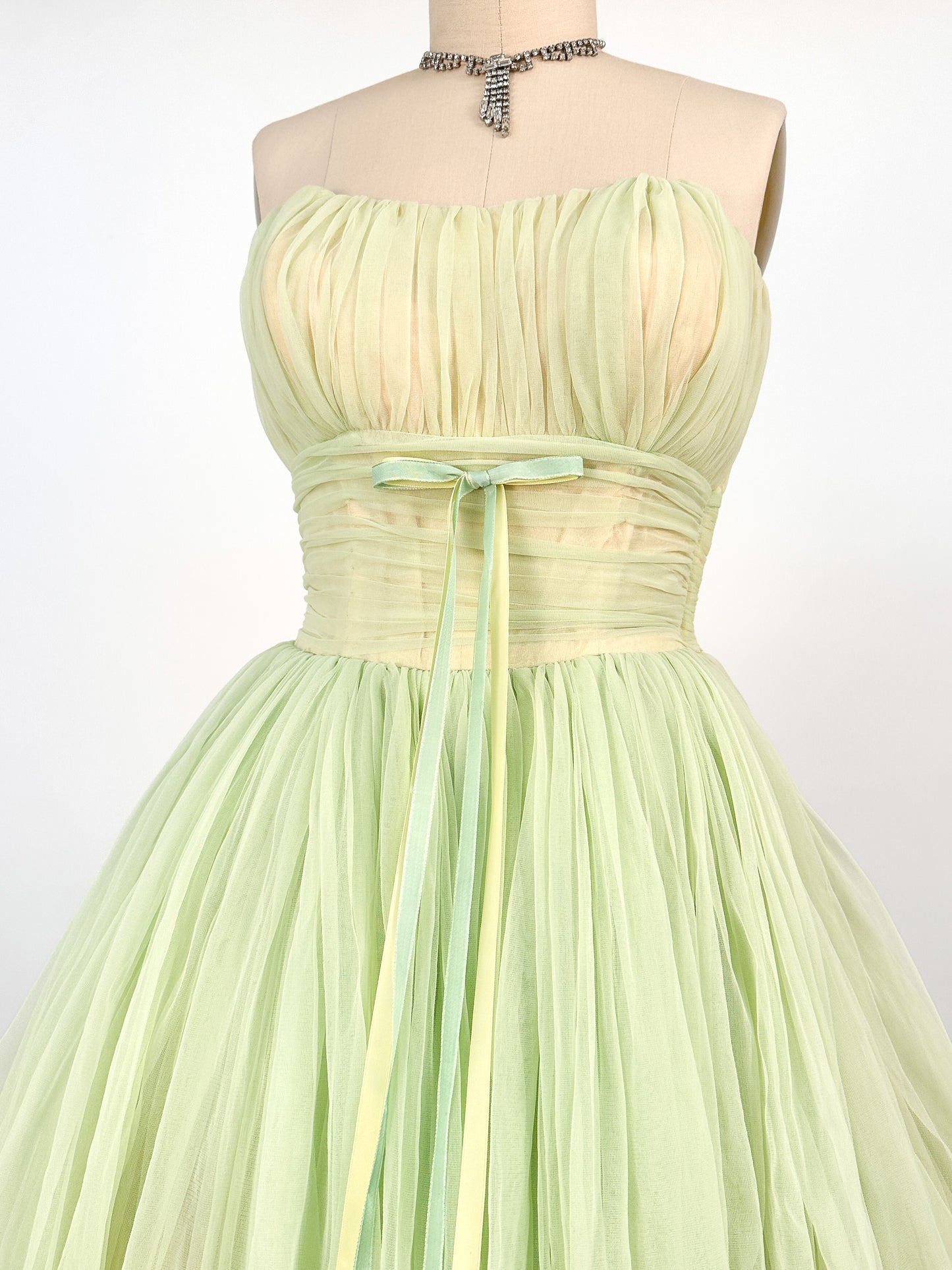 1950s Lemon and Lime Gauzy Chiffon Party Dress / Waist 24