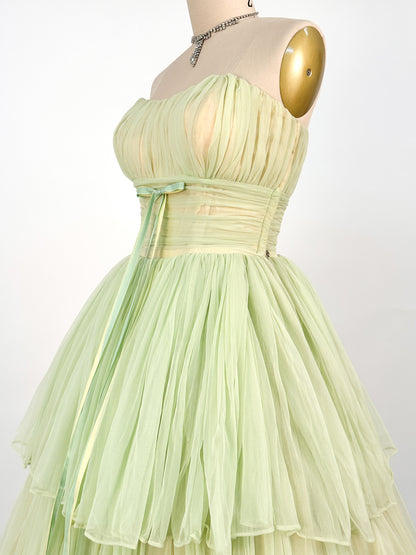1950s Lemon and Lime Gauzy Chiffon Party Dress / Waist 24