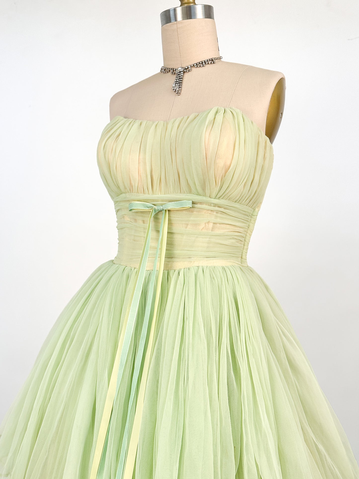 1950s Lemon and Lime Gauzy Chiffon Party Dress / Waist 24