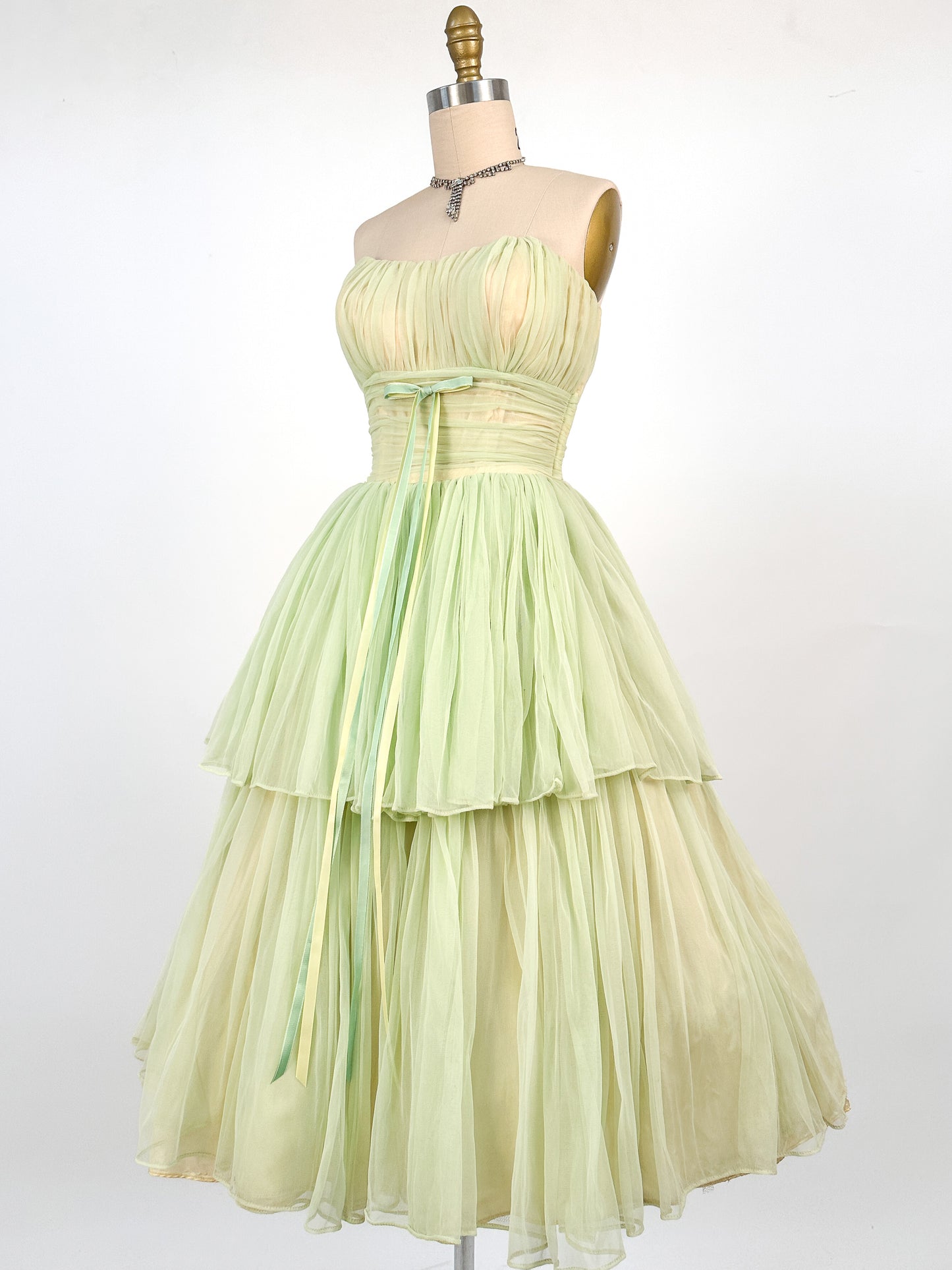 1950s Lemon and Lime Gauzy Chiffon Party Dress / Waist 24