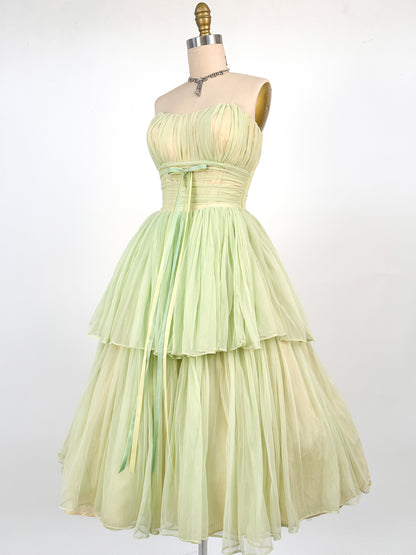 1950s Lemon and Lime Gauzy Chiffon Party Dress / Waist 24