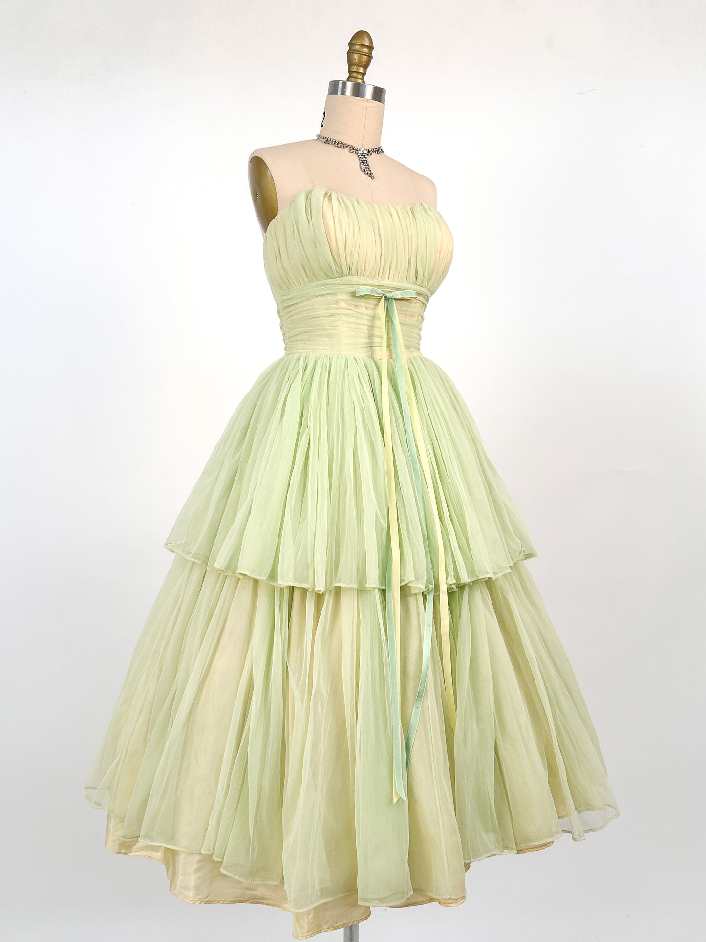 1950s Lemon and Lime Gauzy Chiffon Party Dress / Waist 24