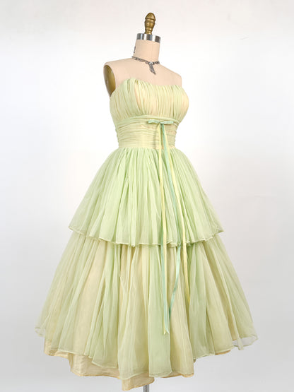 1950s Lemon and Lime Gauzy Chiffon Party Dress / Waist 24