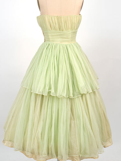 1950s Lemon and Lime Gauzy Chiffon Party Dress / Waist 24