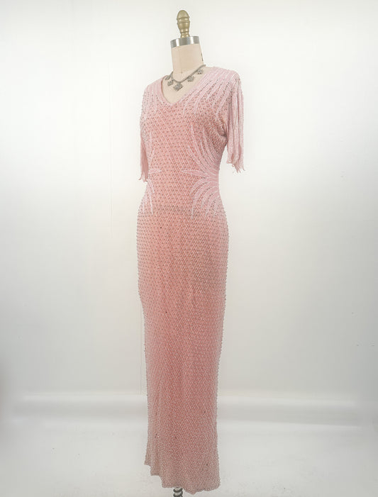 1980s Pink Beaded Gown / Waist 28