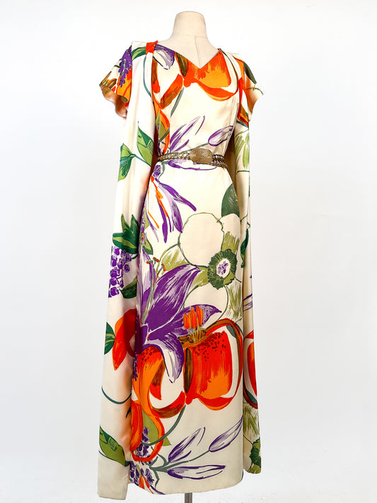 Rare 1950-60s Silk Dress with Matching Cape / Waist 36