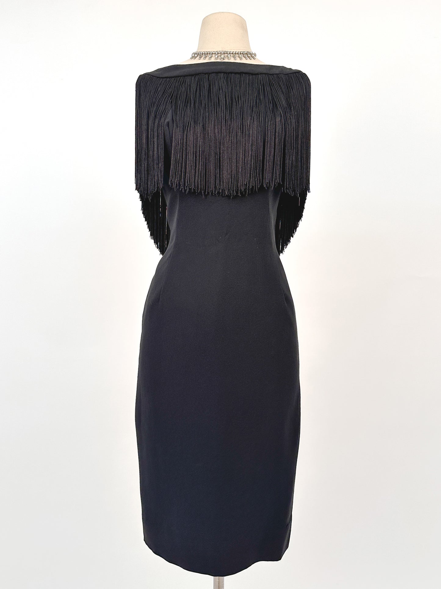 1950s LBD Wiggle with Fringe Neckline / Waist 28