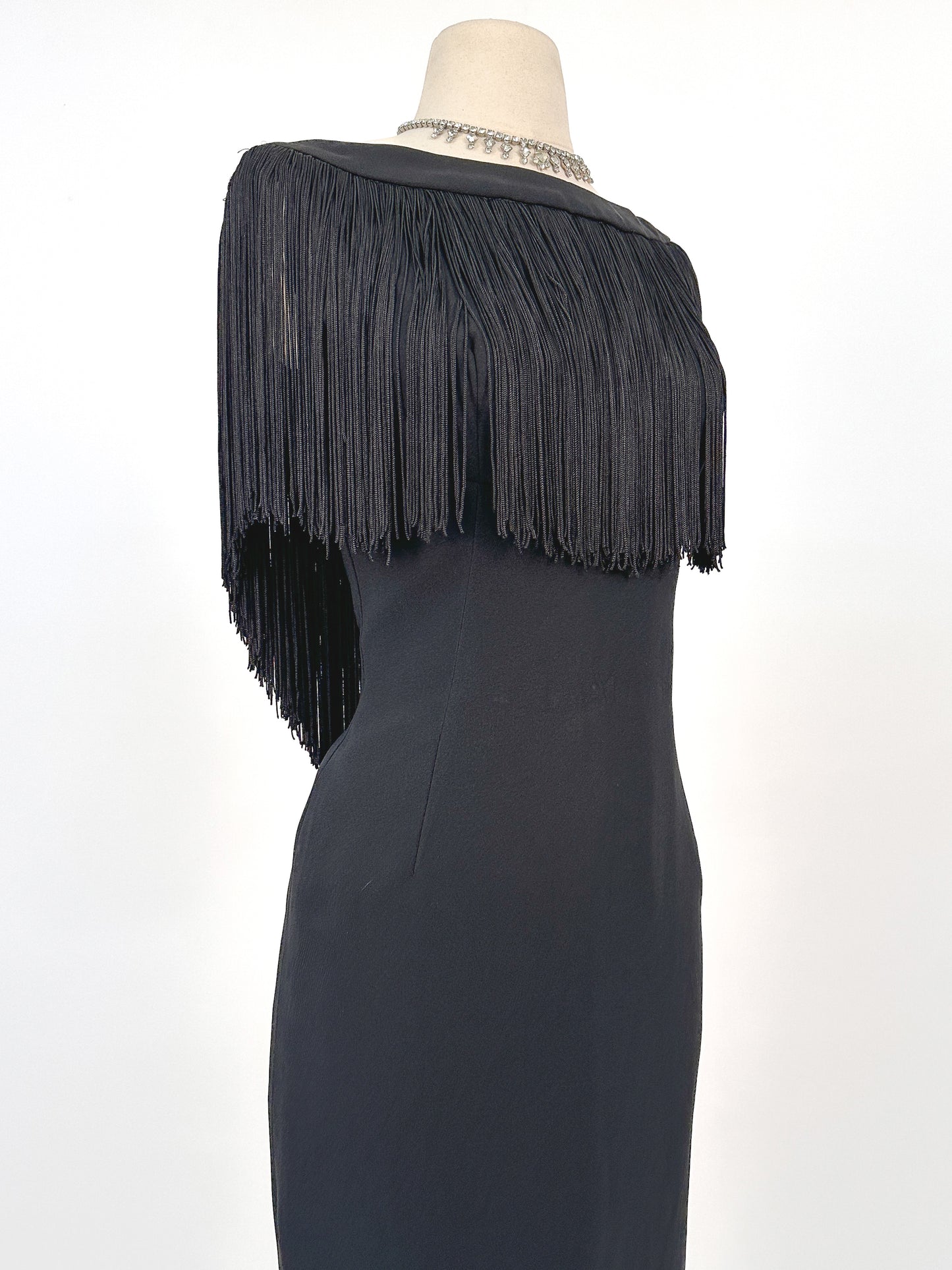 1950s LBD Wiggle with Fringe Neckline / Waist 28