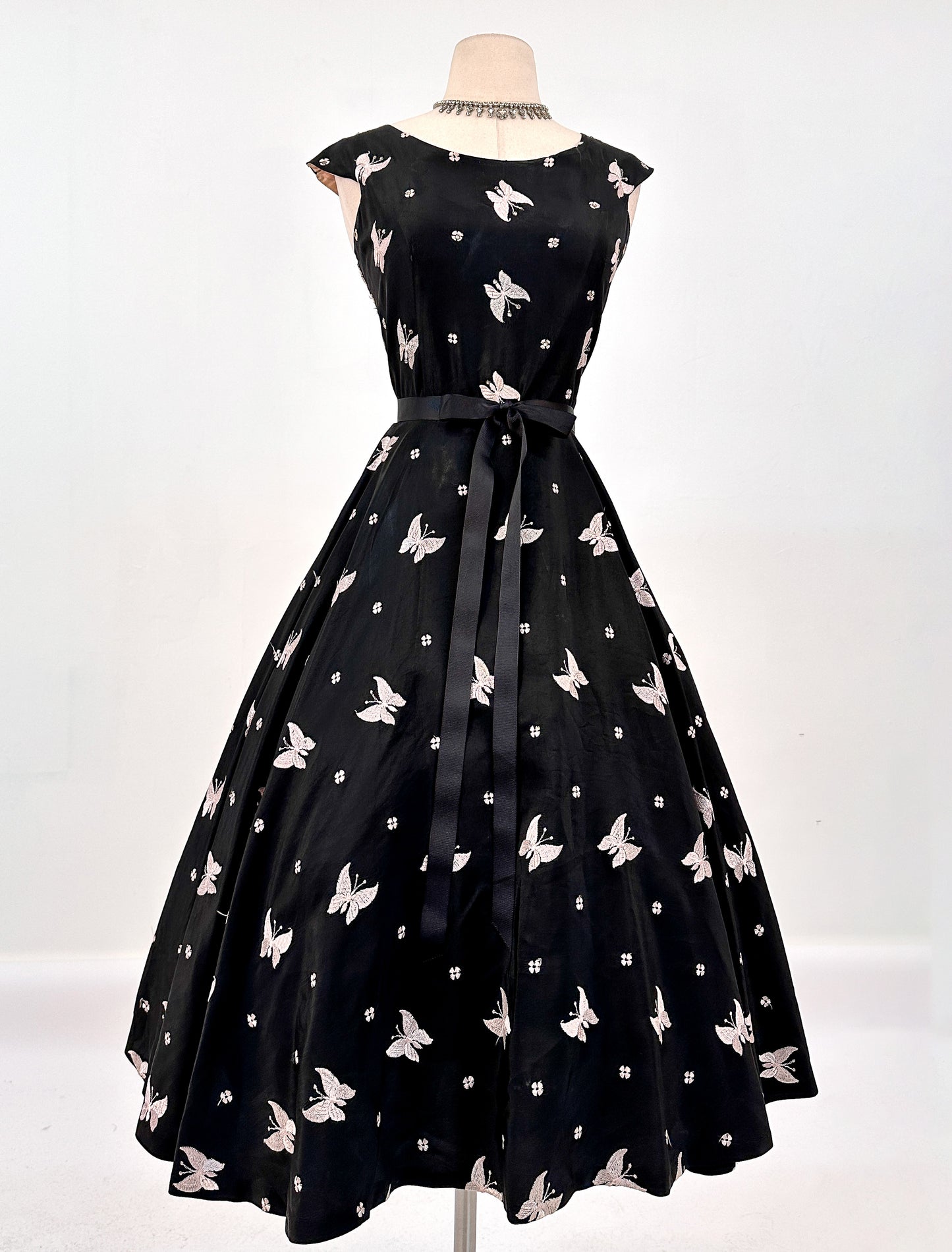 1950s Black Satin Fit & Flare with Embroidered Butterflies / Waist 30