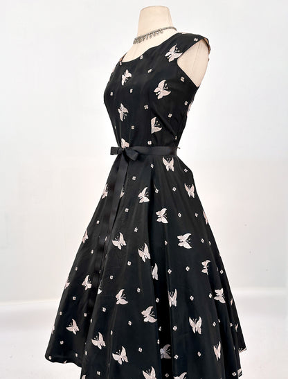 1950s Black Satin Fit & Flare with Embroidered Butterflies / Waist 30
