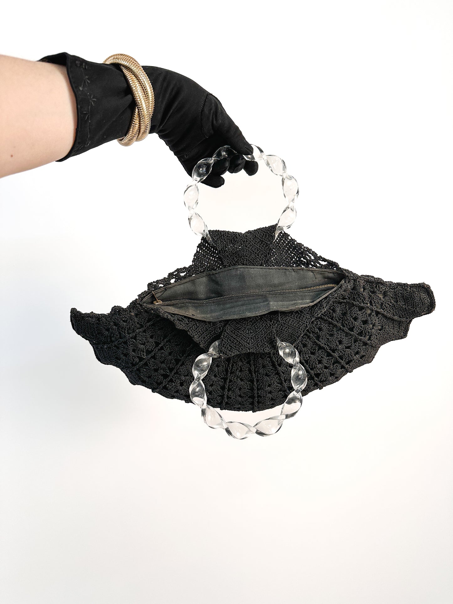 1940s Black Crotched Fan-Shaped Handbag
