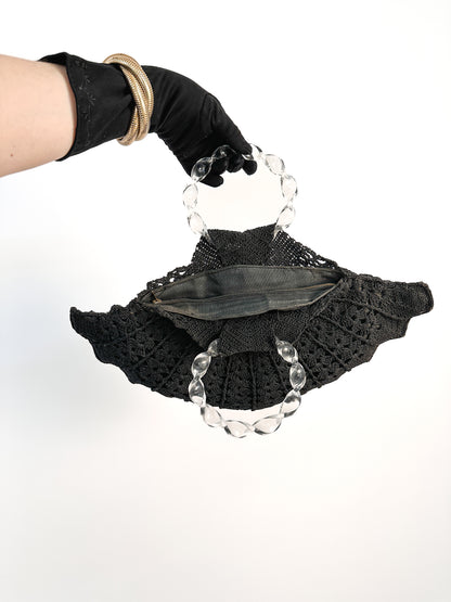 1940s Black Crotched Fan-Shaped Handbag