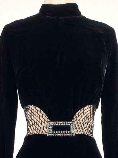 1960s Vampy Black Velvet Wide Leg Jumpsuit with Sheer Cutouts / Waist 26