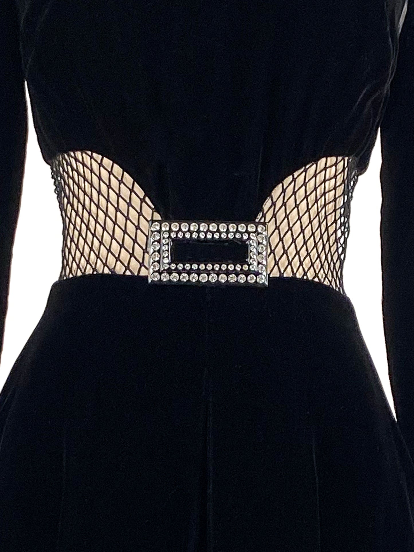 1960s Vampy Black Velvet Wide Leg Jumpsuit with Sheer Cutouts / Waist 26