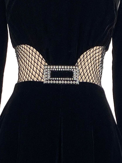 1960s Vampy Black Velvet Wide Leg Jumpsuit with Sheer Cutouts / Waist 26