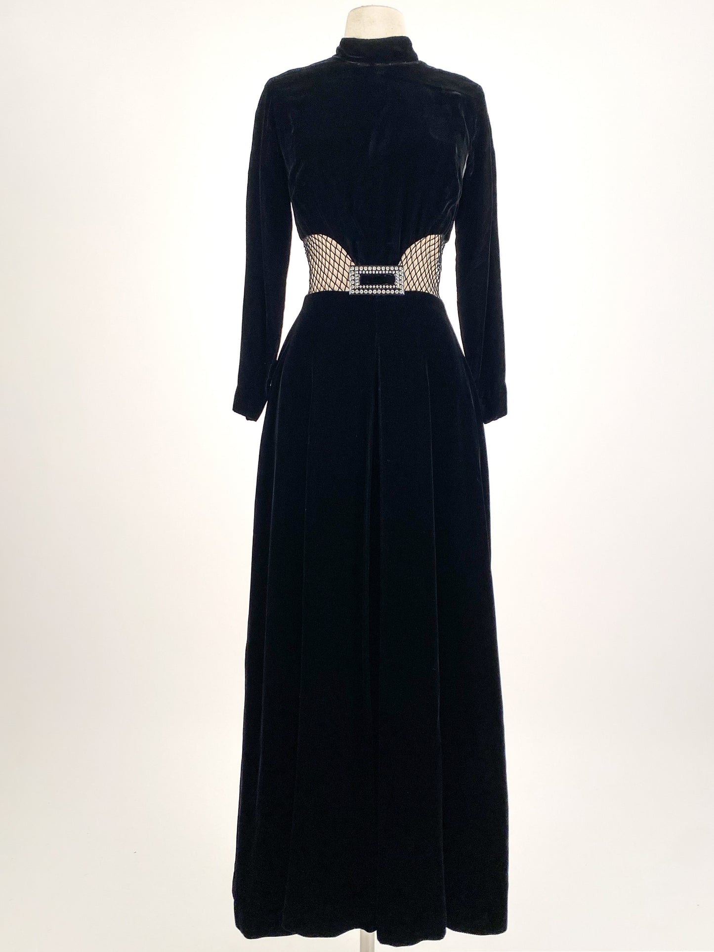 1960s Vampy Black Velvet Wide Leg Jumpsuit with Sheer Cutouts / Waist 26