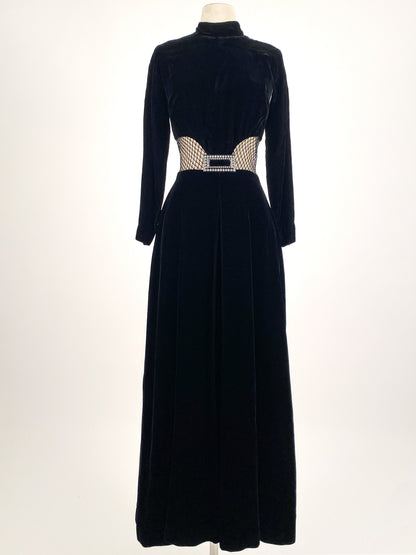 1960s Vampy Black Velvet Wide Leg Jumpsuit with Sheer Cutouts / Waist 26